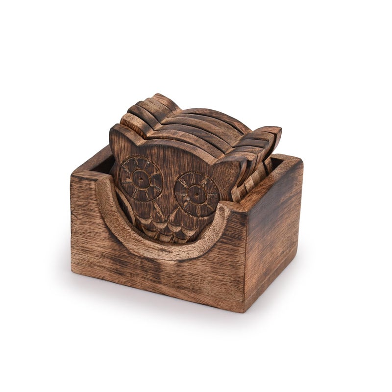 NIRMAN Wooden Crafted Coaster Set of 6 with Coasters Holder for Drink Bar Coaster Tea Coffee Mug Tabletop Barware Drink Handmade Dining Home Decor (Owl Shape) - Image 2